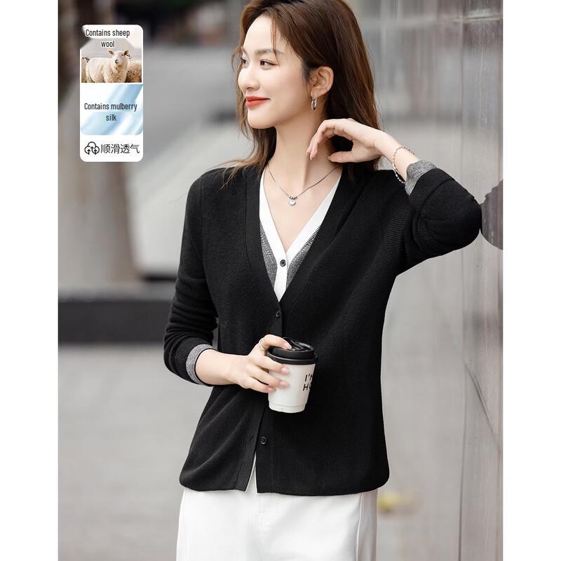 Women s Merino Wool Silk Blend Faux Two-Piece Knit Cardigan S