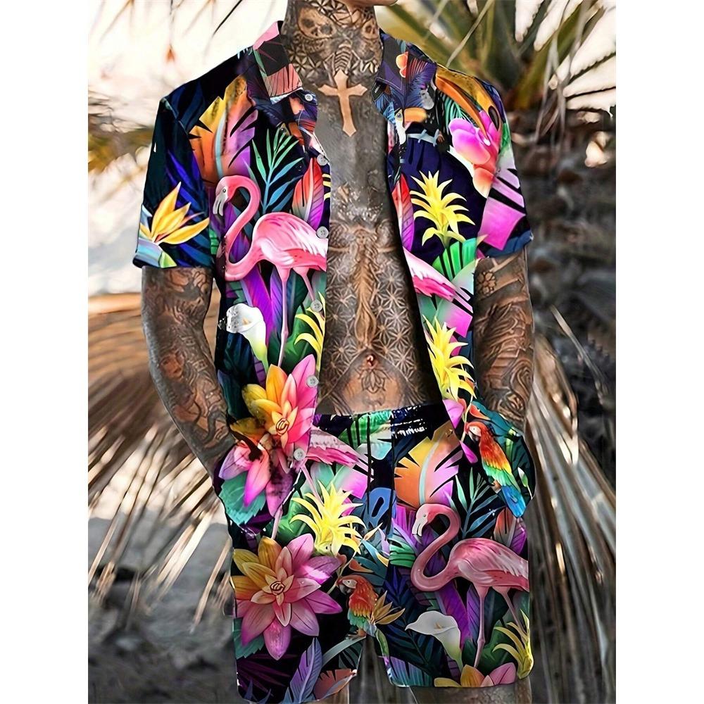 Men's New Hawaiian Short-Sleeved Shirt Shorts Set Summer Daily Travel Shirt Beach Casual Drawstring Shorts Jungle Print Set