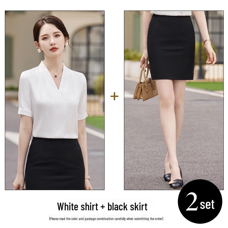 White Women's V-Neck Short Sleeve Shirt - Summer Professional Wear for a Goddess Style