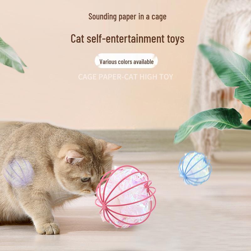 Interactive Cat Chase Toy: Crinkle Paper Ball In Sphere Cage for Self-Play