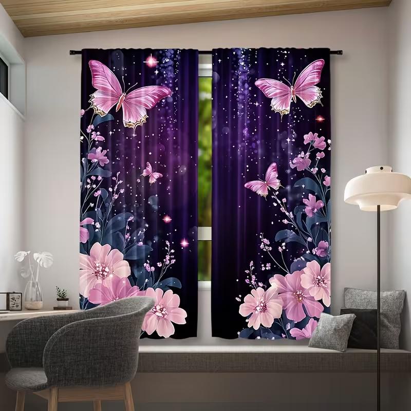 Pink Butterfly Floral Curtains Purple Starry Night Print Drapes Romantic Glitter Home Decor Bedrooms Curtain With Semi Sheer Polyester Perfect For