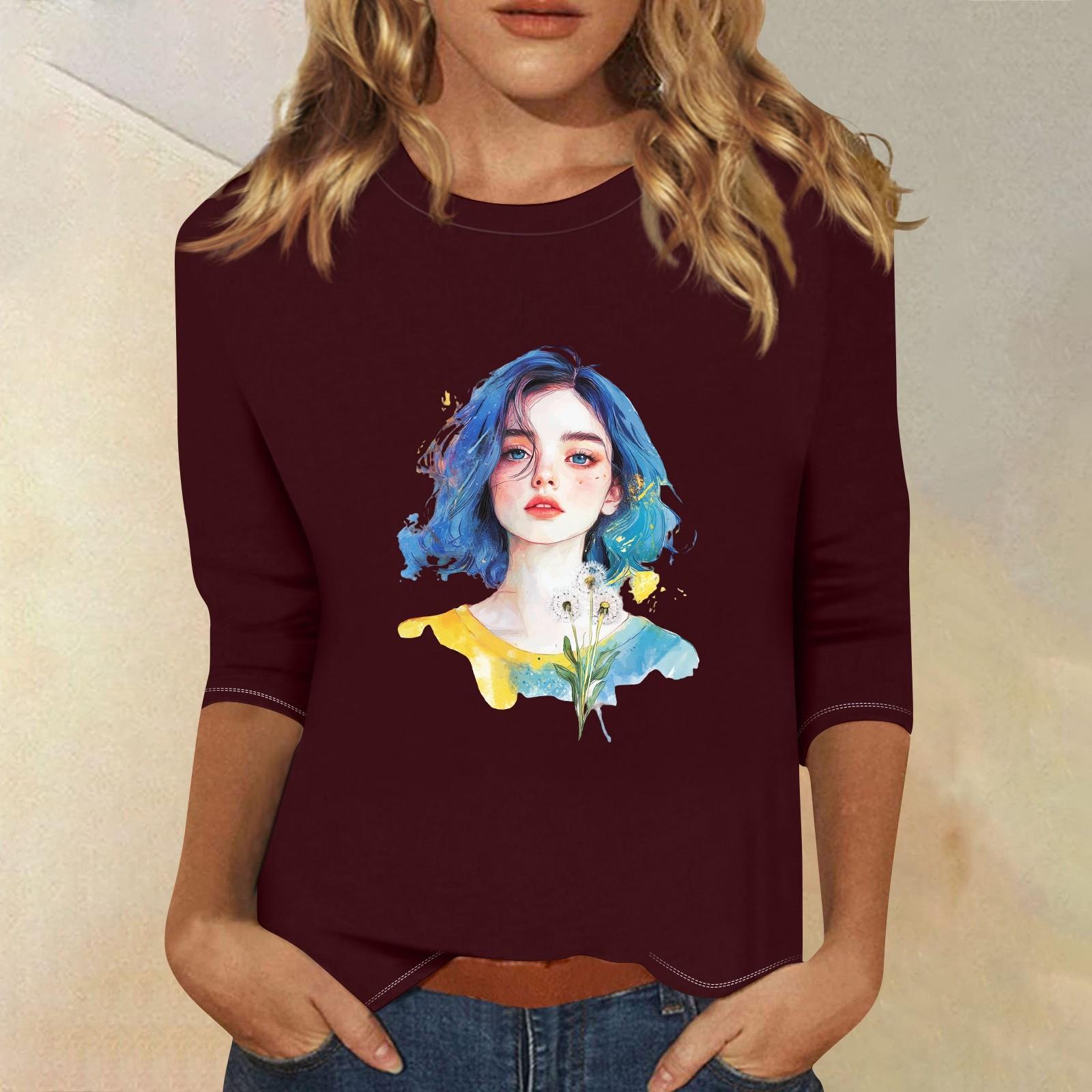 

Топи з рукавами 3/4 для жінок Футболка Повсякденні топи з принтом Футболка з круглим вирізом Пуловер Блуза XL винний