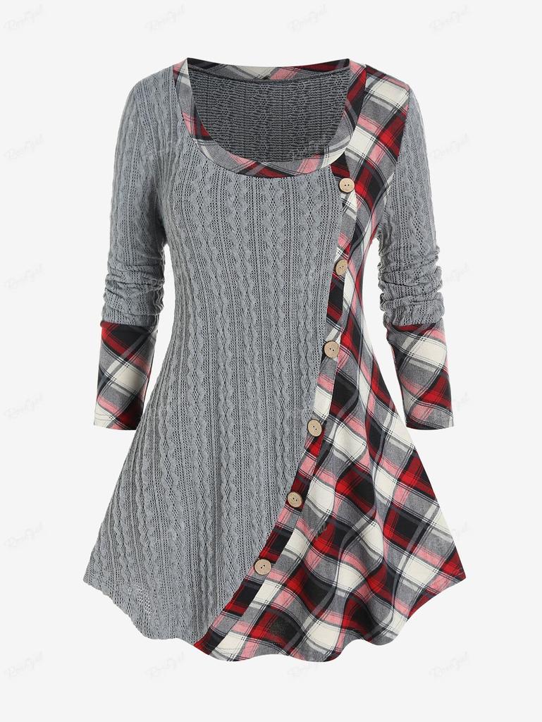 Maglietta a maglia a trecce con motivo scozzese misto Rosegal Plus Size
