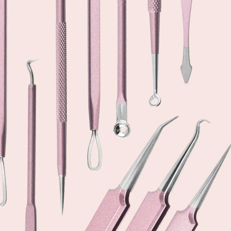 Portable 10Pcs Acne Treatments Kit Including Carbon Steel Needle and Ergonomic Comedone Extractor Tools