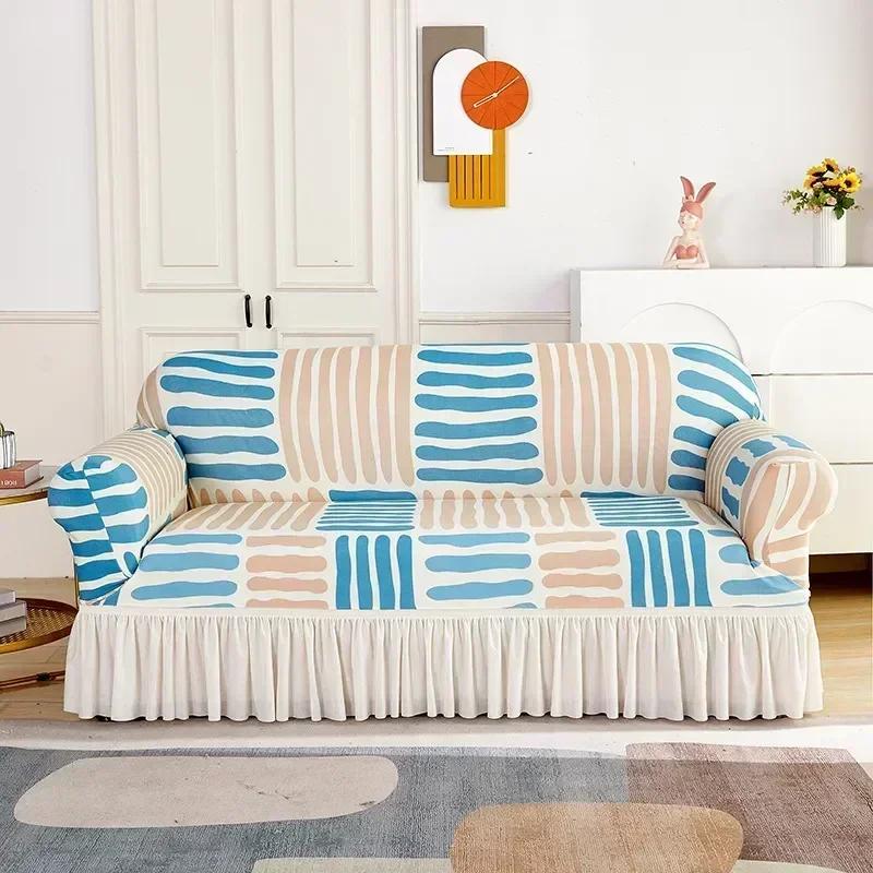 Geometric Pattern Patterned Sofa Bed Ruffled Skirt Cover Folding Flexible Sofa Bed Covers Contemporary Flexible Couch Protectors For Banquet Hotel