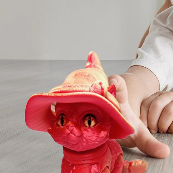 3D Printed Articulated Cat Wizard Hat Cat Ornament Wearing Red Scarf Big Eyes Cat Fidget Toy with Flexible Joints for Stress Relief Desktop Decoration