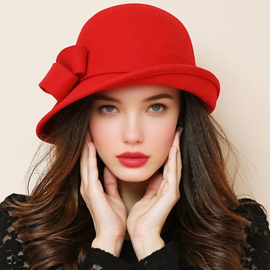 Ladies Wool Felt Bucket Hat Vintage Cloche Fedora Hat Female Bowler Hat with Bow Winter Wedding Church Jazz Cap