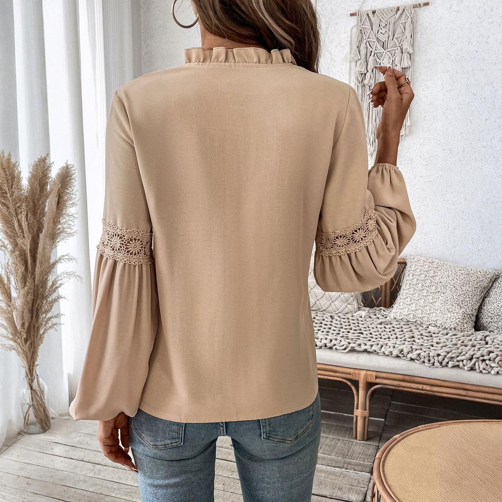 Women's Fashion Casual Lace V-Neck Solid Color Long Sleeve Pleated Shirt Women's T-Shirt Top