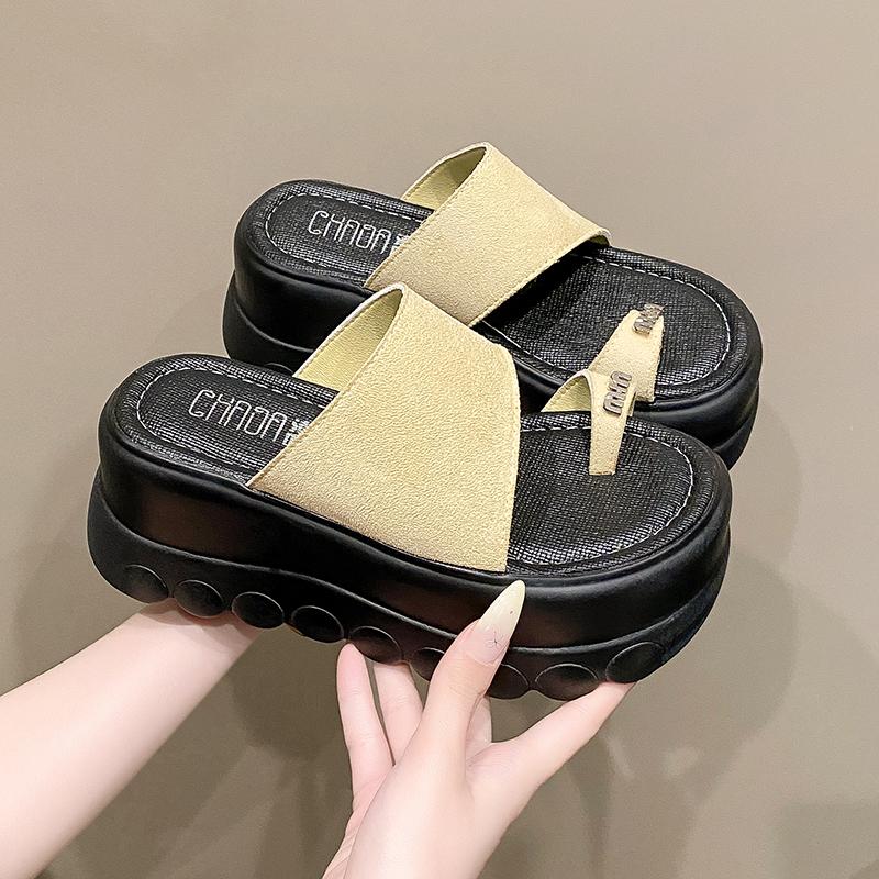 Fashion 7.5CM Women High Platform Slippers New 2025 Summer Beach Flip-Flops Ladies Wedge Heels Flock Shoes Woman Outside Chunky Sandals