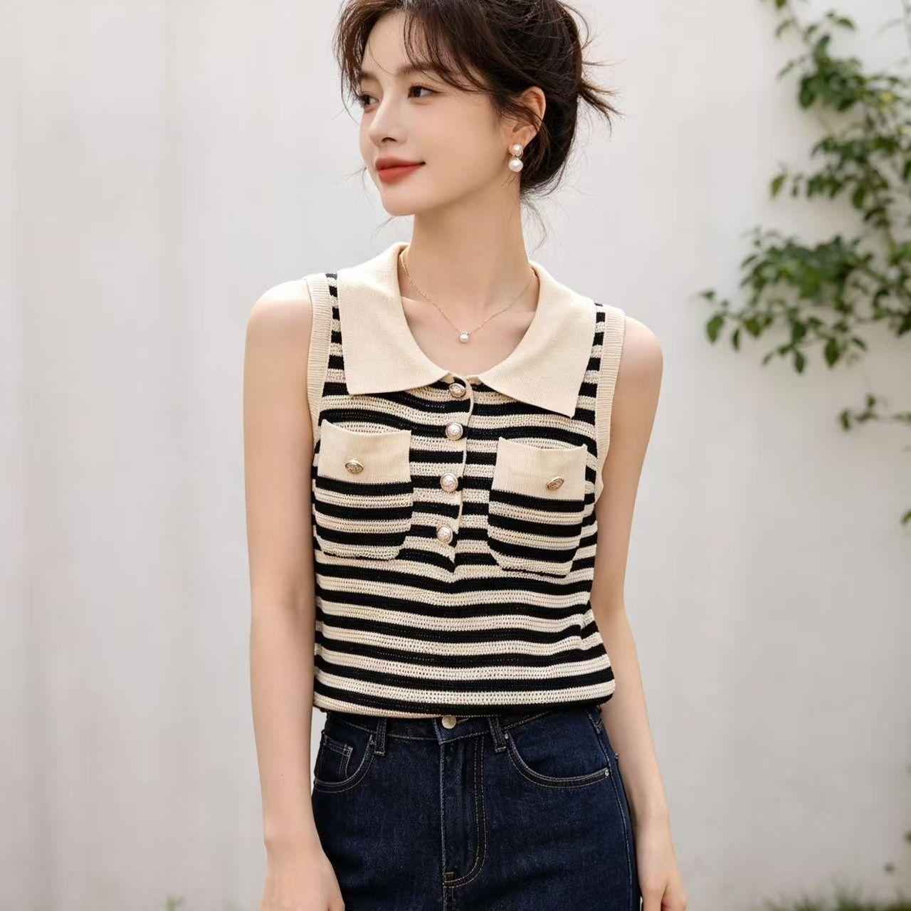 

Fashionable Gold Buttoned Striped Sleeveless Summer Sexy Off-shoulder Cool Lightweight Knitted Top for Women one size абрикосовий
