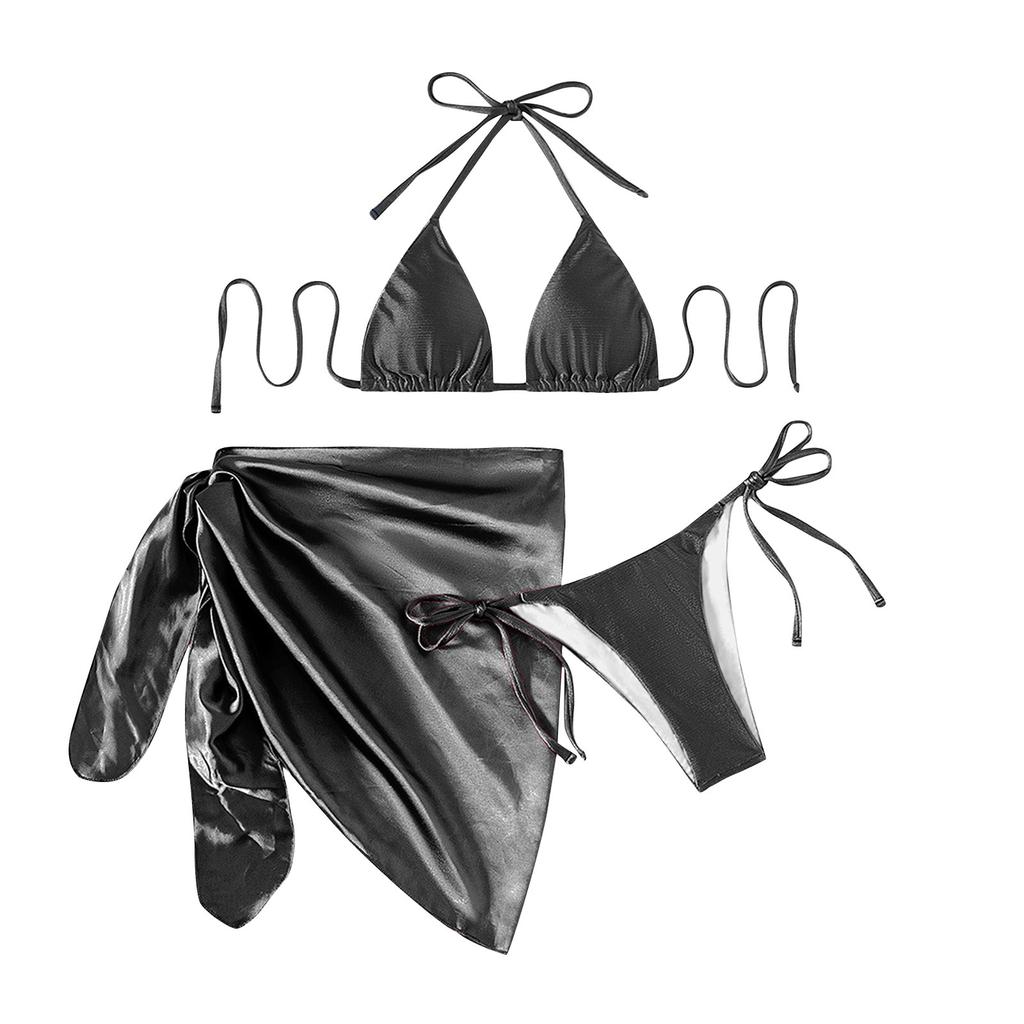 Women Two Piece Bikini Set with Adjustable Tie Straps Triangle Top and High Cut Bottom with Wrap Sarong Beachwear Swimwear Three Piece Set