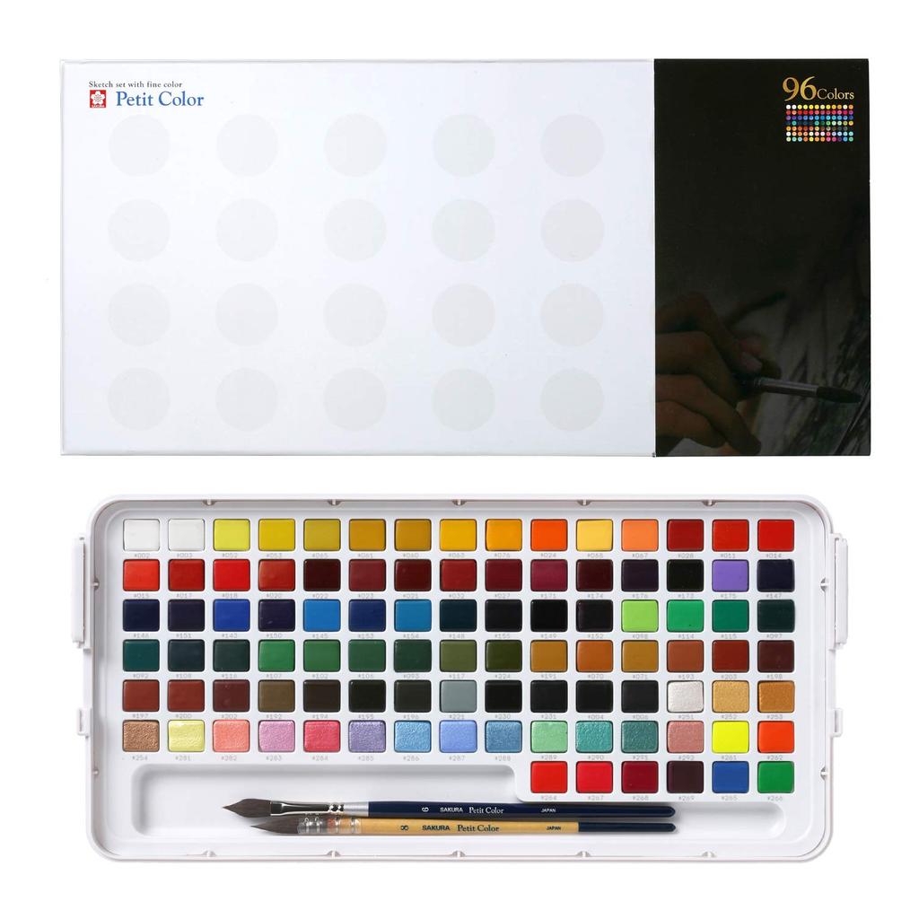 Sakura Cray-Pas Petit Color Solid Watercolor Paints, 96 Colors, 2 Brushes, NCW-96