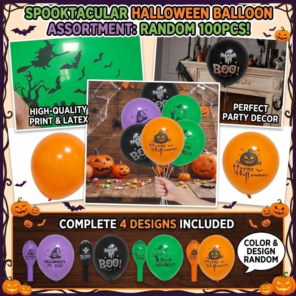 Halloween Printed Balloons 100pcs Random Assortment Decorative Latex Party Props for Indoor Outdoor Event Decor