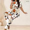 Women Plus Size Two Piece Set Round Neck Short Sleeve Cartoon Lamb Printed Top Fitted Long Pants