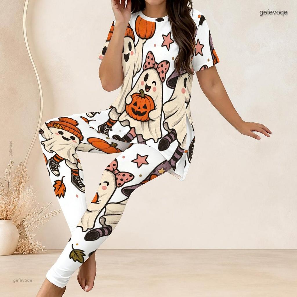 Women Plus Size Two Piece Set Round Neck Short Sleeve Cartoon Lamb Printed Top Fitted Long Pants