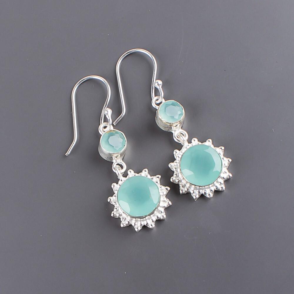 Aqua Chalcedony Gemstone 925 Sterling Silver Jewelry Drop/Dangle Earrings 1.80" EE-13-16