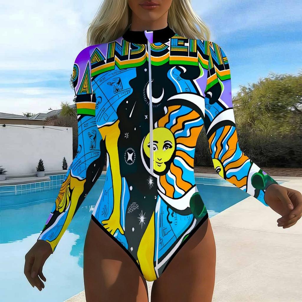 Women Long Sleeve One Piece Swimsuit Zip Front  Tie-dye Print Rash Guard Surfing Bathing Suit