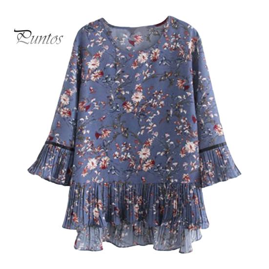

Летние женские топы с круглым вырезом и рукавами 3/4, футболка с рюшами по подолу, свободная шифоновая блузка с цветочным принтом, уличная одежда 3XL синий