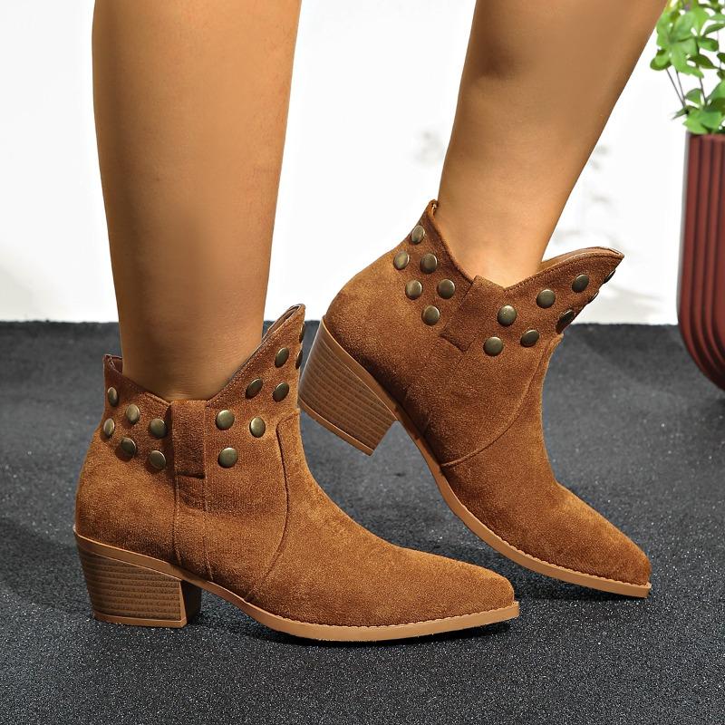 Fashion Stylish Shorthole Boots Autumn New Pointed Toe Suede Rivet Non-Slip Wear-Resistant Block Heel Boots