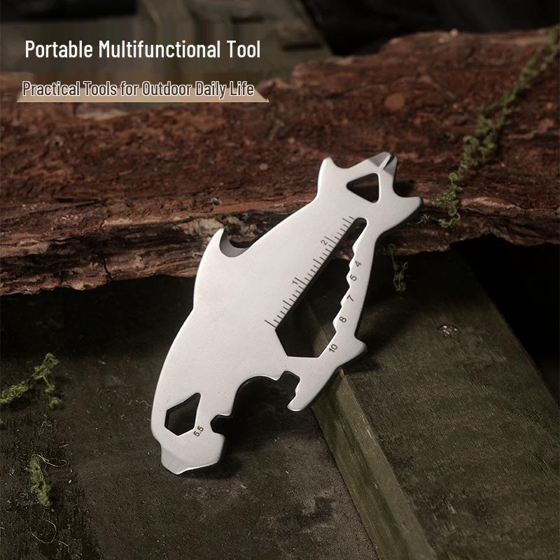 Shark-Shaped EDC Survival Tool: Bottle Opener, Screwdriver, Rope Cutter, Allen Wrench.