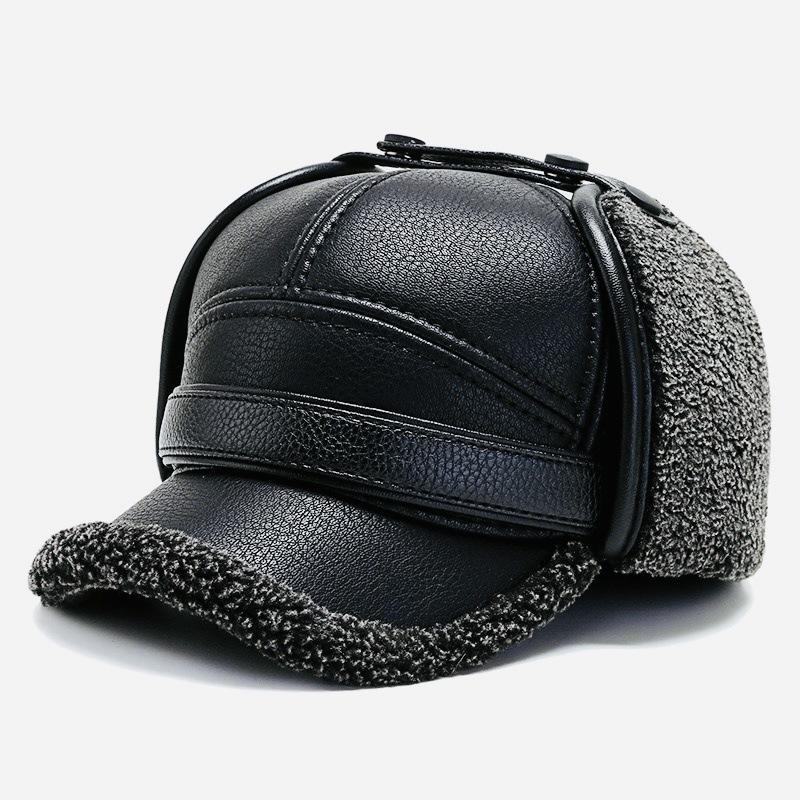 Winter Leather Cap with Ear Flaps Plush Lined Thermal Warm Windproof Cold Weather Baseball Hat for Men Women Outdoor Activities