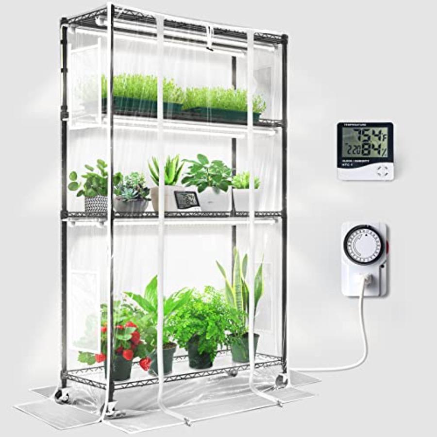 

CX5Z Indoor Greenhouse with Grow Light 6PCS 30W per Light Full Spectrum T8 Plant Lights 4-Tier Portable Metal Plant Stand Tent