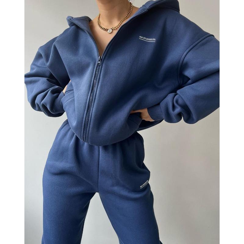 Damen Langarm Fleece Bedrucktes Kapuzensweatshirt und Lässige Hose Zweiteiliges Set