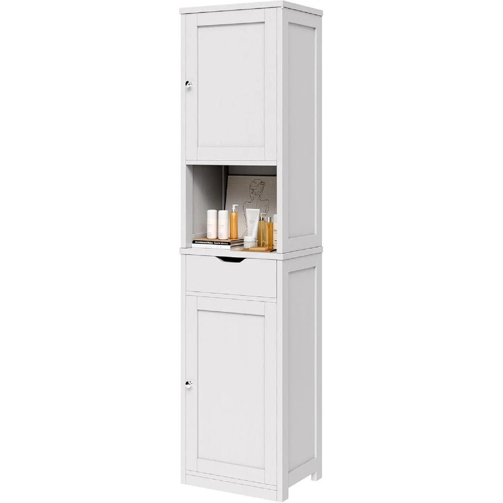 Tall Bathroom Storage Cabinet, 64”H Narrow Storage Unit for Small Spaces, Freestanding Modern Cabinet with Adjustable Shelves