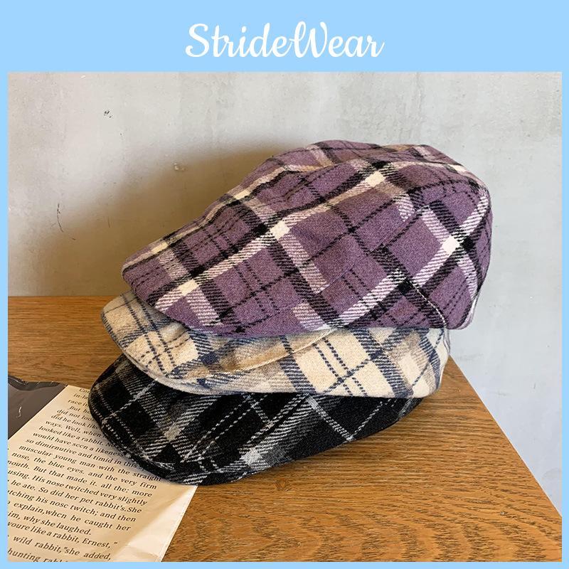 Modern Checkered Pattern Beret Cap For Women Sunshade Casual Streetwear Style
