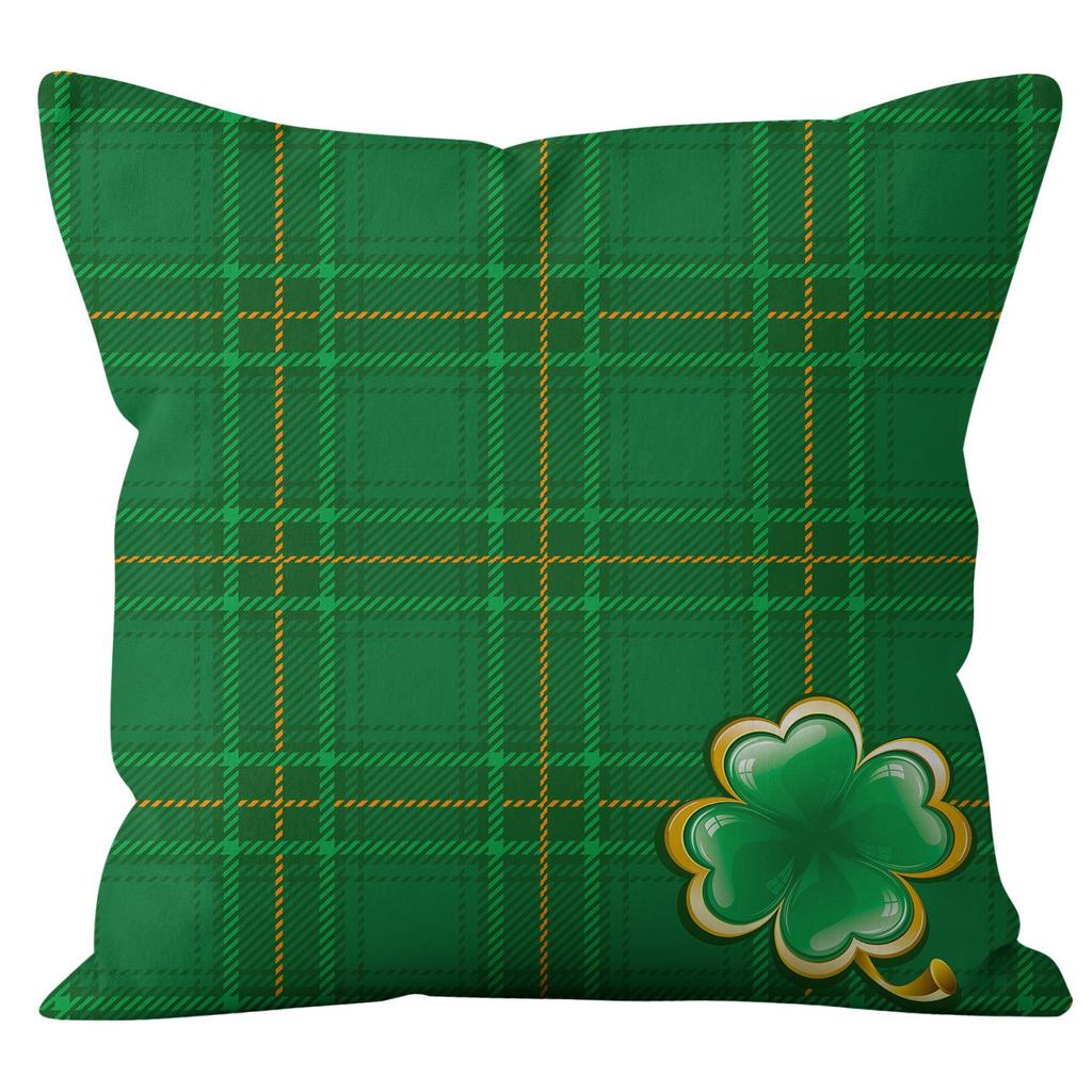Home Cushion Cover St. Patrick's Day Pillowcase Four-leaf Clover Plaid Sofa Cushion Cover