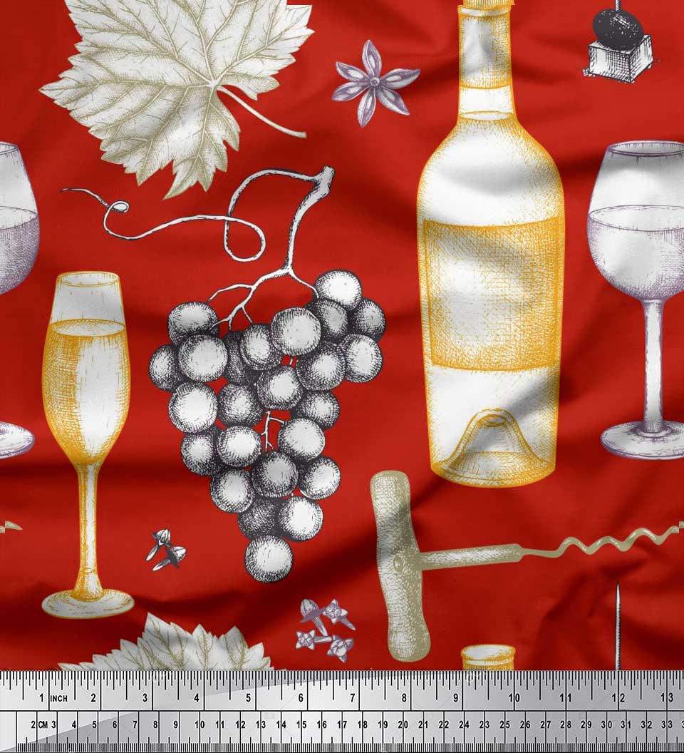 

Soimoi Japan Crepe Satin Ткань с принтом винограда, бокалов и бутылок на метр 42 дюйма 42 Inch Wide - Poly Crepe красный