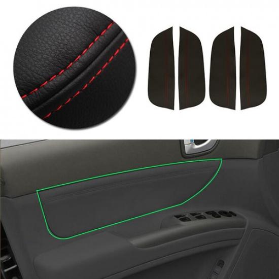 4*Door Panel Armrest BLLACK Leather+Red Line Cover For 2005-2008 Hyundai Sonata