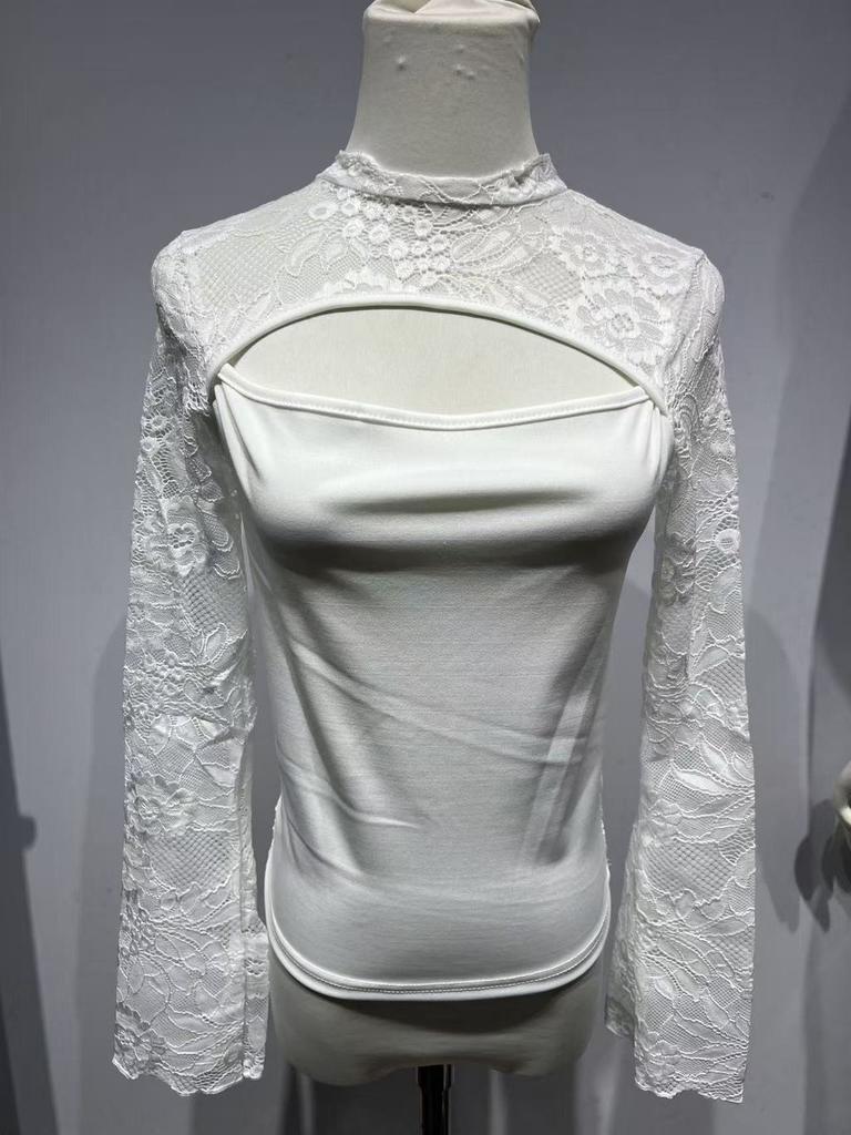 Sexy Lace Panel Long Sleeve T Shirt For Women Summer Streetwear Chic