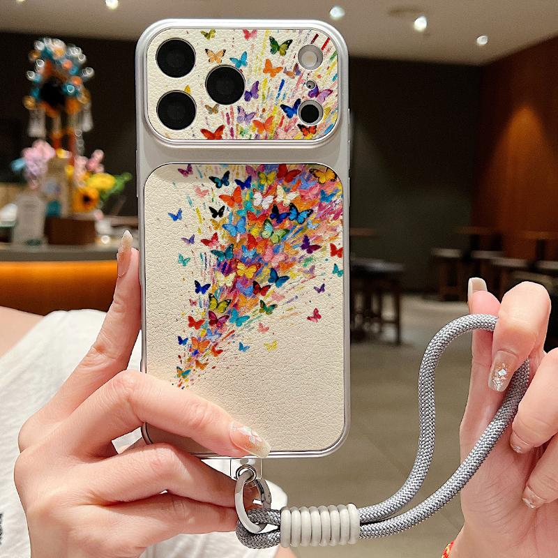 Pink Butterfly Leather Lanyard Case For iPhone 18 Pro Max 17 16 15 14 13 Pro Max Luxury Hybrid TPU+PU Anti-skid Soft Phone Cover