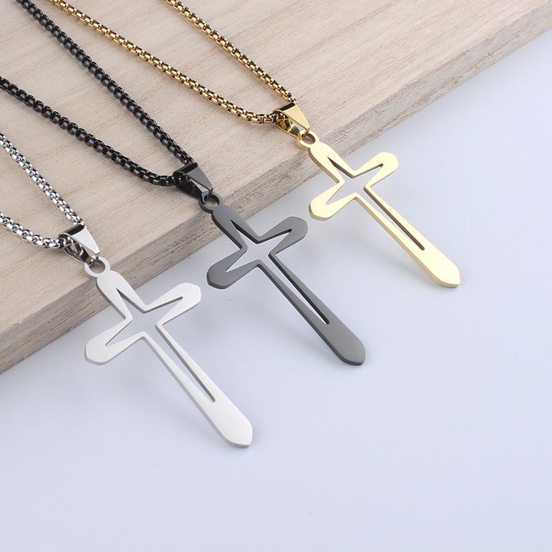 Unisex Stainless Steel Hollow Cross Pendant Necklace - European & American Style