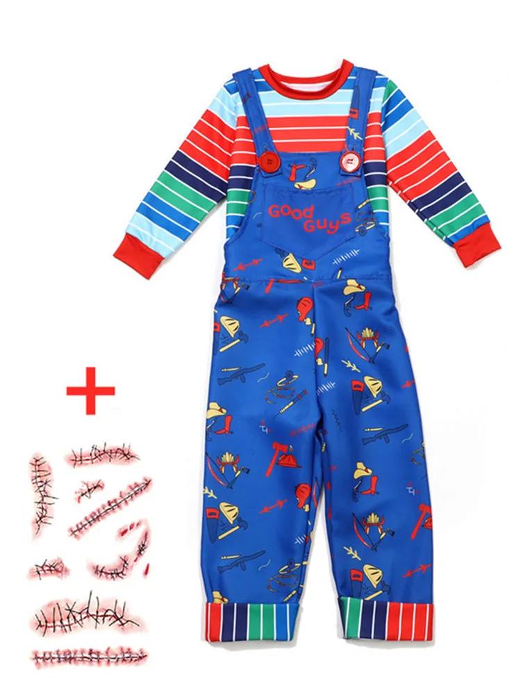 3-12Y Chucky Costume Halloween Outfit Printed Letter Overalls Child Cosplay Dress Up Give The Gift of Scar Stickers