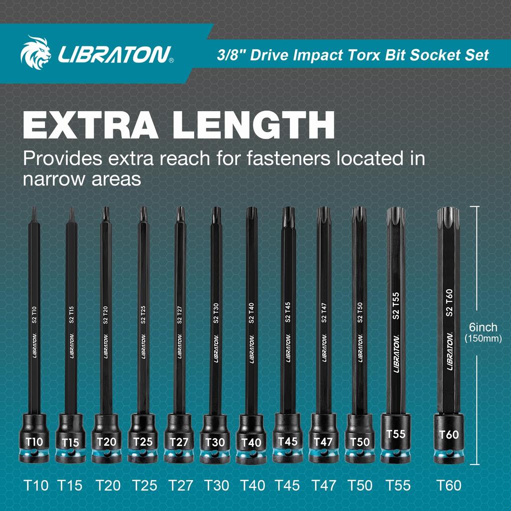 LIBRATON Torx Bit Socket Set, 3/8 inch (9.5 mm) Drive, S2 Steel, Star Bit Socket Set, T10-T60, Impact Torx Socket Set, 24-Piece Set