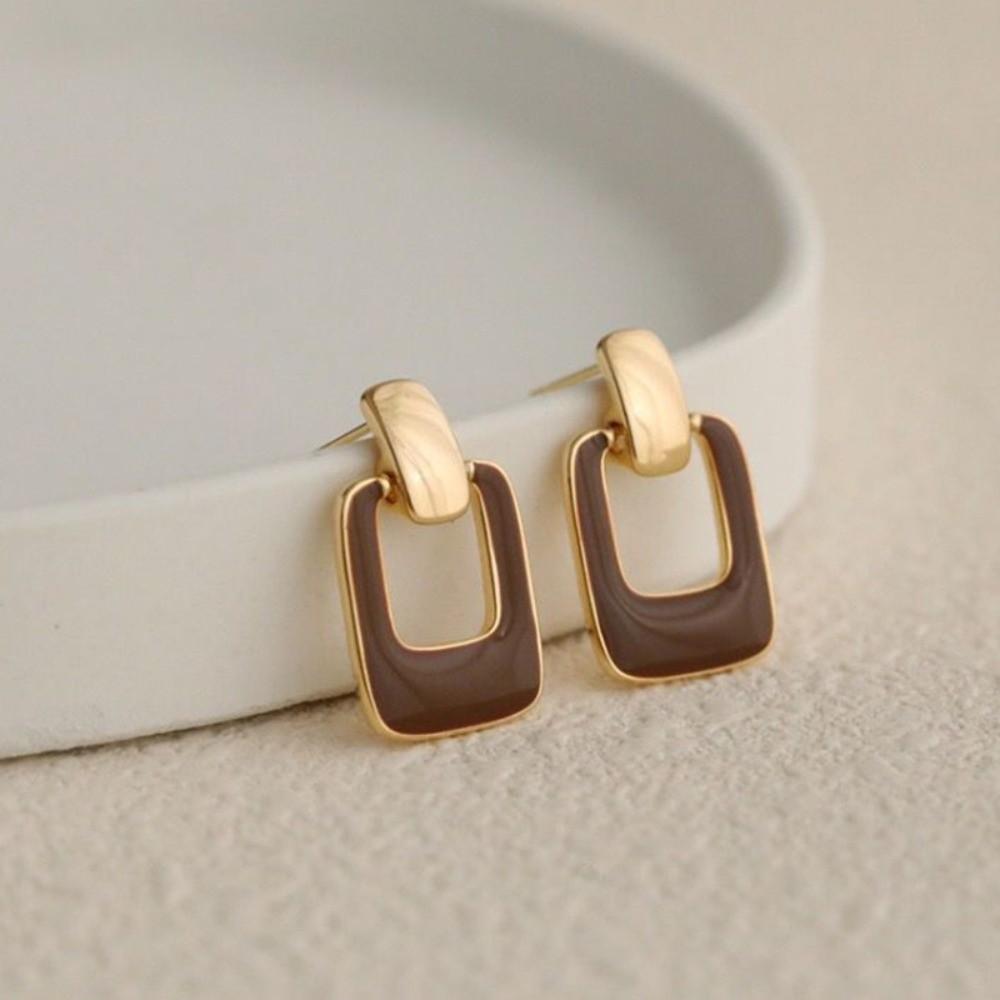 Statement Drop Glazed Earrings Metal Enamel Brown Dangle Earrings  Office Wear Style B