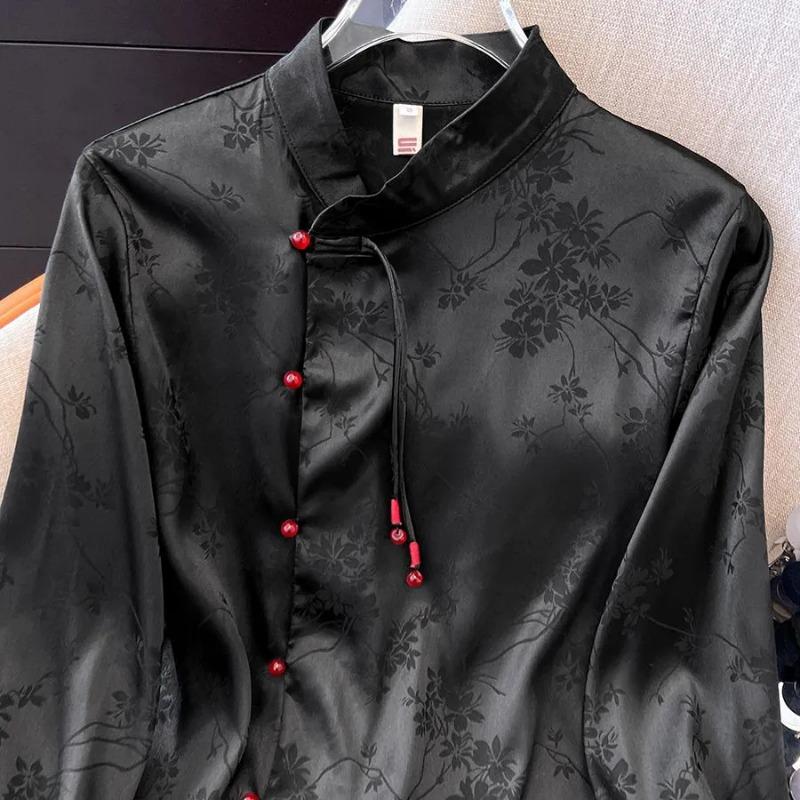 Antiker Stil Oberteil mit Pferde-Rock Langarm Stehkragen Neuer Chinesischer Stil Frühling Herbst Stil Blusen