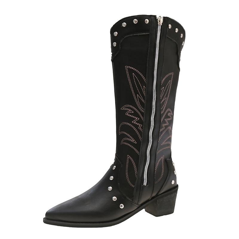 Fashion Trend Retro Black High-end Thick Heel Boots Women's Summer 2025 New with Skirt Western Cowboy Boots