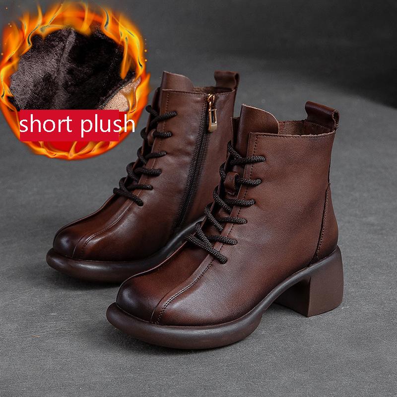 Fashion GKTINOO Handmade Retro High Heel Boots Women Autumn Winter Full Cow Leather Round Toe Zipper Trend Warm Ankle Boots Female