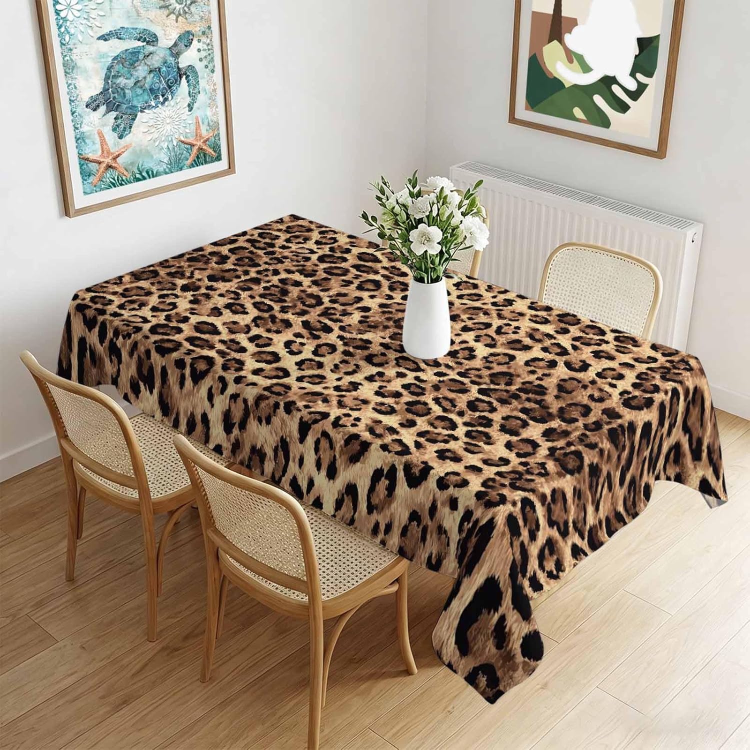 Retro Luipaard Strepen Tafelkleed voor Tafeldecoratie Bruine Zwarte Gekleurde Blokken Print Keuken Eettafelkleed Feestdecoratie 140x180cm