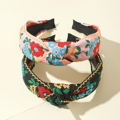 Pretty Boho Floral Embroidery Tape Headband for Lady Girls Shopping Party Headpiece Top Bow Knot Hairband for Women Head Wears
