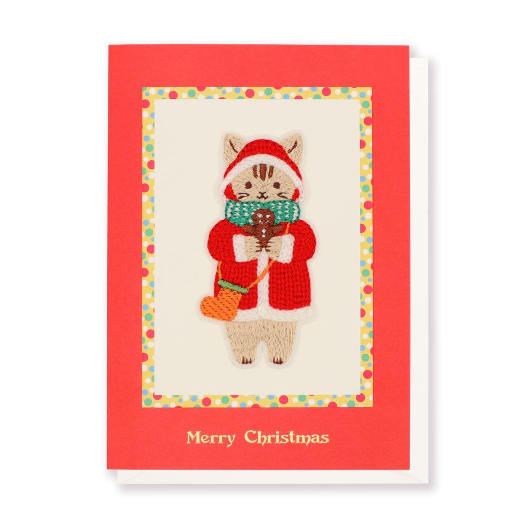 Embroidered Christmas Card with Cat in Red Coat Leaf Work Company Card with 3D Message Stylish Celebration Greeting Card for Handmade Gold Luxury