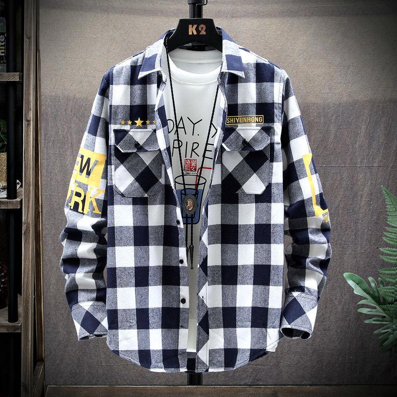 Camicia a quadri da uomo primavera e autunno taglia grande colletto alla coreana camicia casual