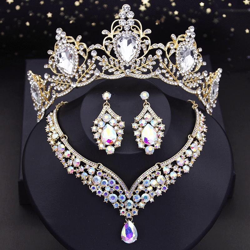 Purple Crown Bride Jewelry Sets Luxury Princess Wedding Tiaras Choker Necklace Set Bridal Earring Costume Jewelry Dubai Sets