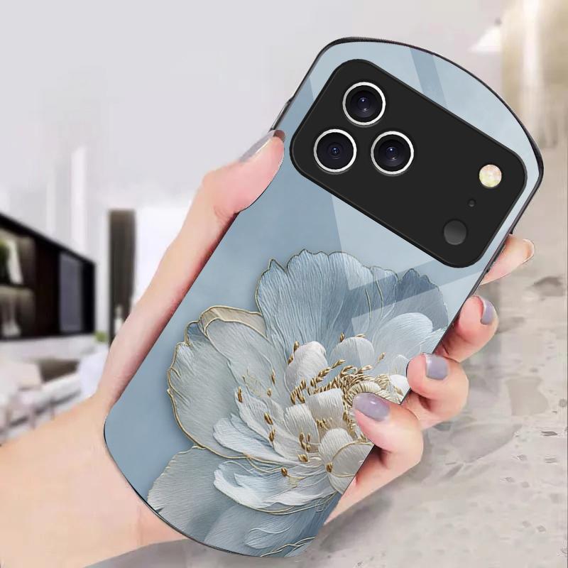 Gradient Colored Flowers For iPhone 17 16 15 14 Pro 13 Plus 12 Mini 11 Pro Max XR X S 7 8 Elliptical Tempered Glass Phone Case