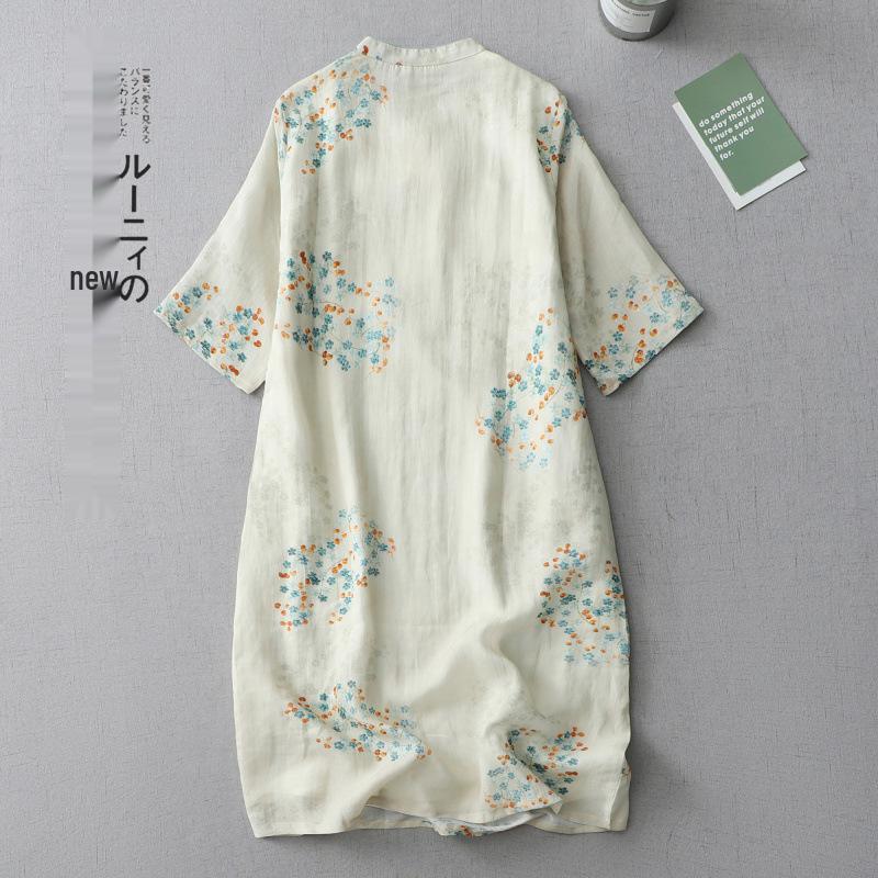 Chinese Style Fresh Age-Reducing Qipao Dress: Stand Collar, Diagonal Placket, Slim-Fit, Mid-Sleeve, Summer Cotton-Linen Blend for Women.