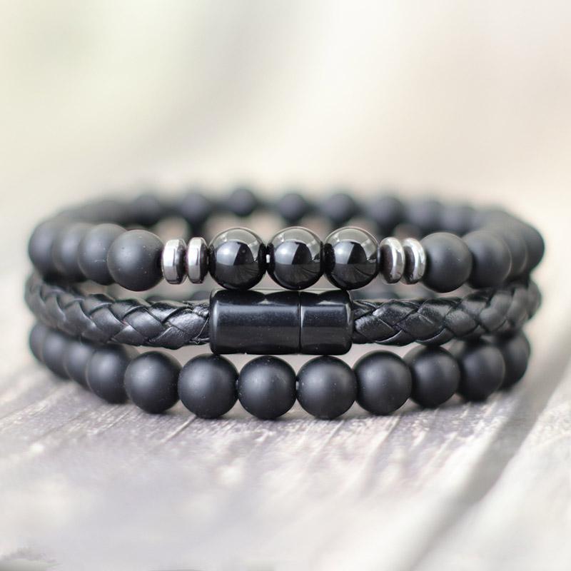 Noter Set 3 bucăți Brățări Bărbați 8mm Onix natural Ochi de tigru Brățară de piatră Homme Închizătoare Magentic Braslet din piele Pulsera Hombre Cadou