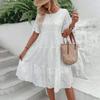 Summer Women Dress Hollow Out O Neck Short Horn Sleeves A-line Pleated Patchwork Solid Color Big Swing Embroidery Vacation Beach Midi Dress
